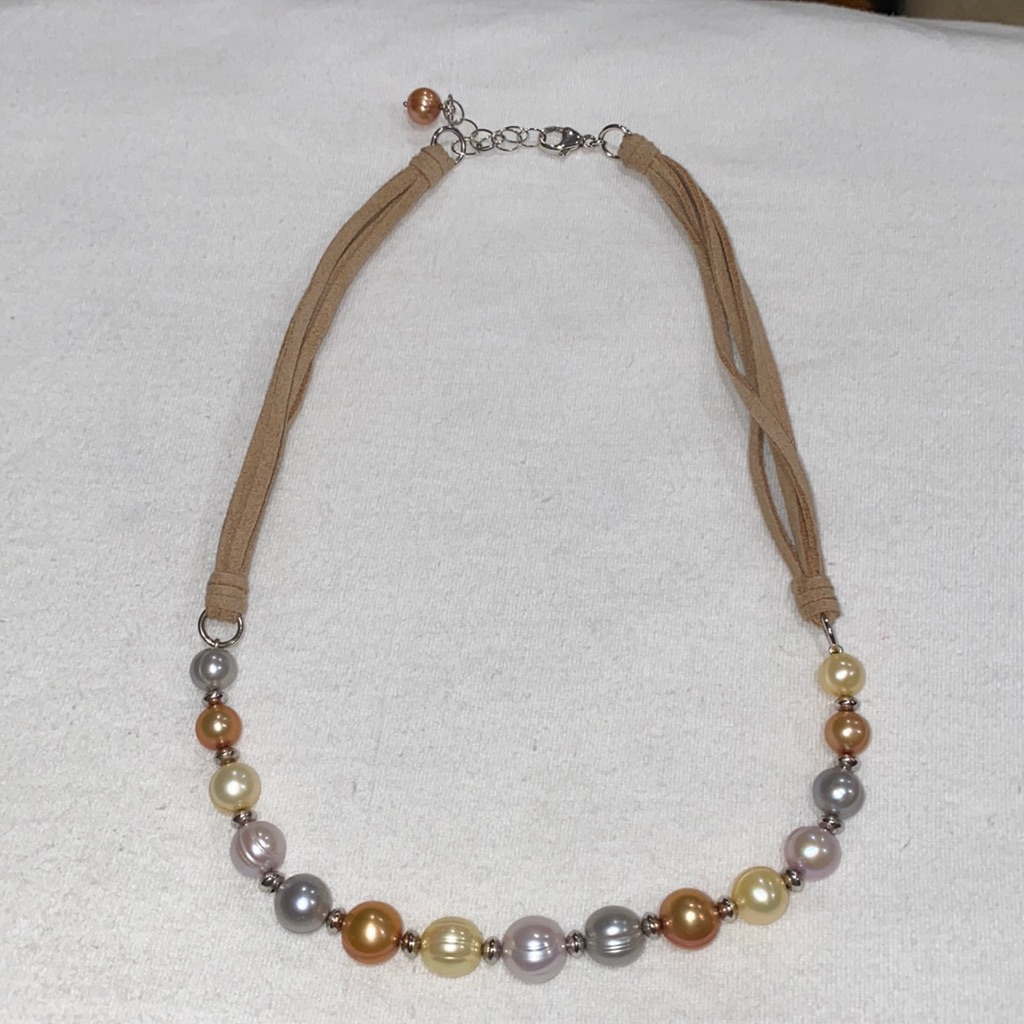 Honora .925 Sterling Silver 10-11mm Ringed Pearl Necklace On Beige Suede Cord